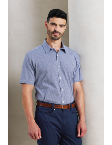 P-PR221-Mens Microcheck (Gingham) Short Sleeve Cotton Shirt